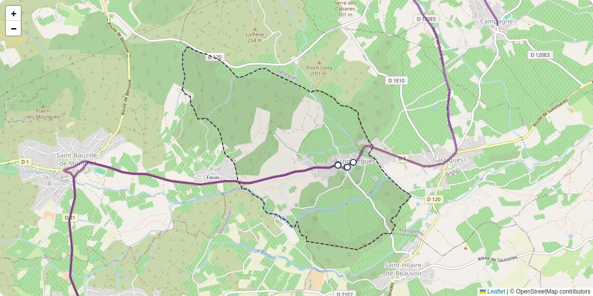 Carte du réseau de transport en commun à Buzignargues - lignes de bus et arrêts