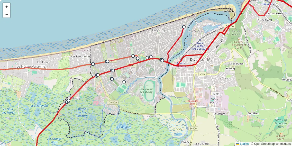 Carte du réseau de transport en commun à Cabourg - lignes de bus et arrêts