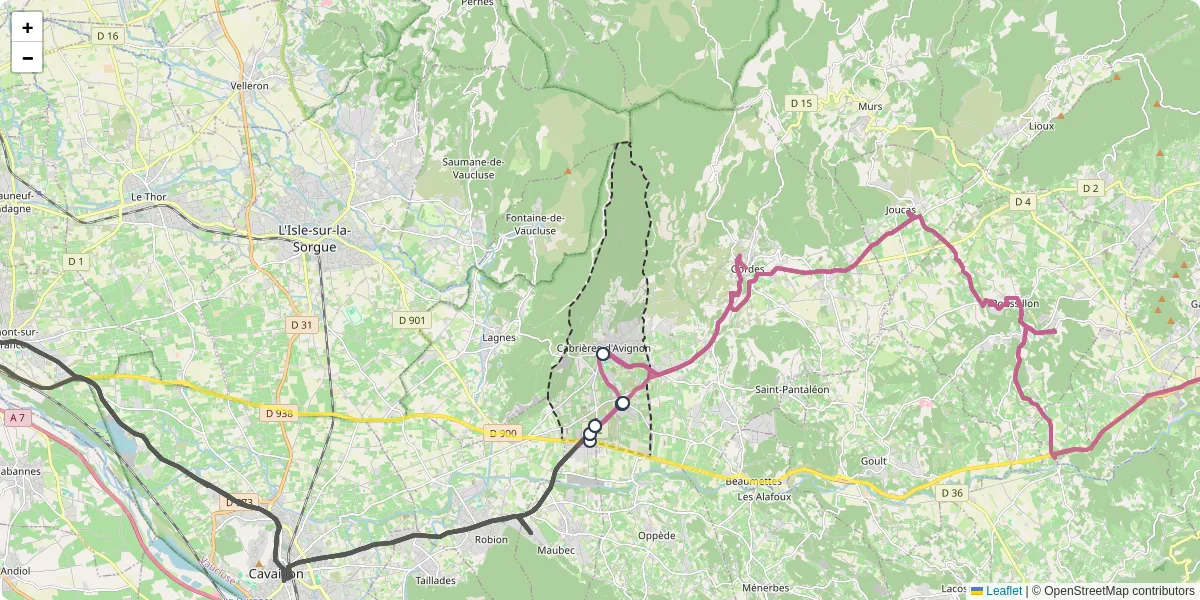Carte du réseau de transport en commun à Cabrières-d'Avignon - lignes de bus et arrêts