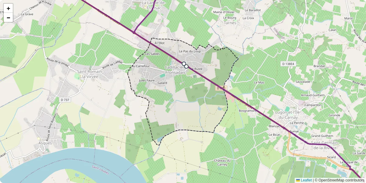 Carte du réseau de transport en commun à Cadillac-en-Fronsadais - lignes de bus et arrêts