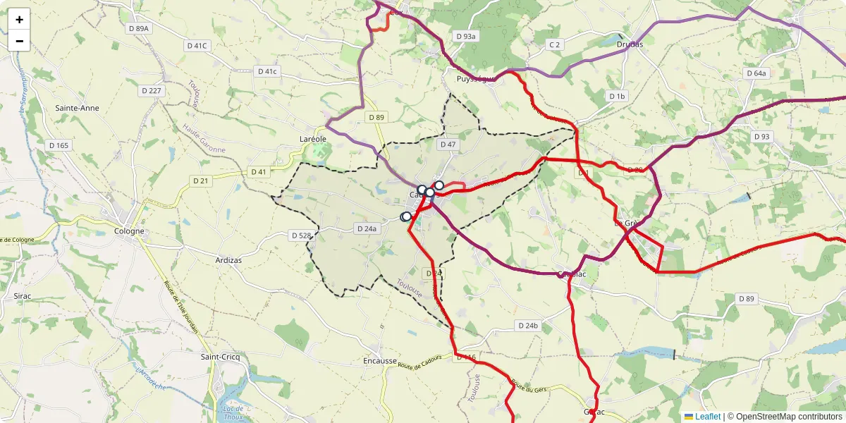 Carte du réseau de transport en commun à Cadours - lignes de bus et arrêts