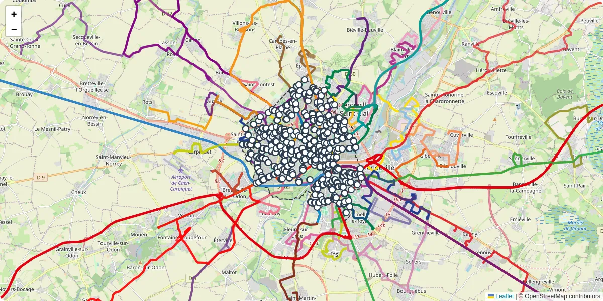 Carte du réseau de transport en commun à Caen - lignes de bus et arrêts