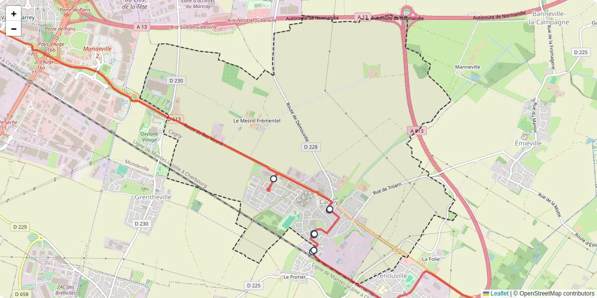 Carte du réseau de transport en commun à Cagny - lignes de bus et arrêts