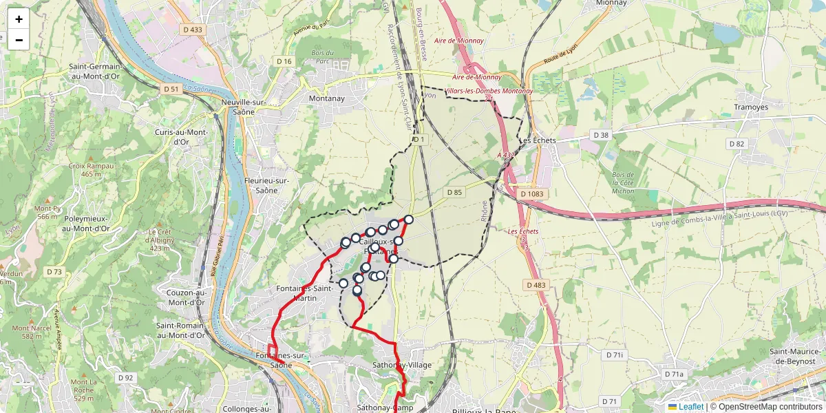 Carte du réseau de transport en commun à Cailloux-sur-Fontaines - lignes de bus et arrêts