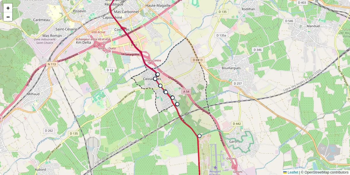 Carte du réseau de transport en commun à Caissargues - lignes de bus et arrêts