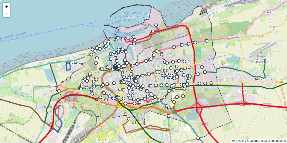 Carte du réseau de transport en commun à Calais - lignes de bus et arrêts