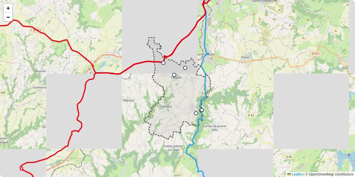 Carte du réseau de transport en commun à Calmont - lignes de bus et arrêts