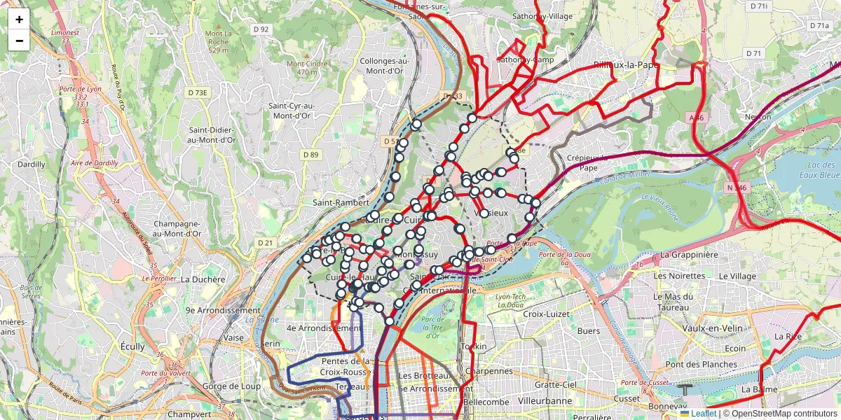 Carte du réseau de transport en commun à Caluire-et-Cuire - lignes de bus et arrêts