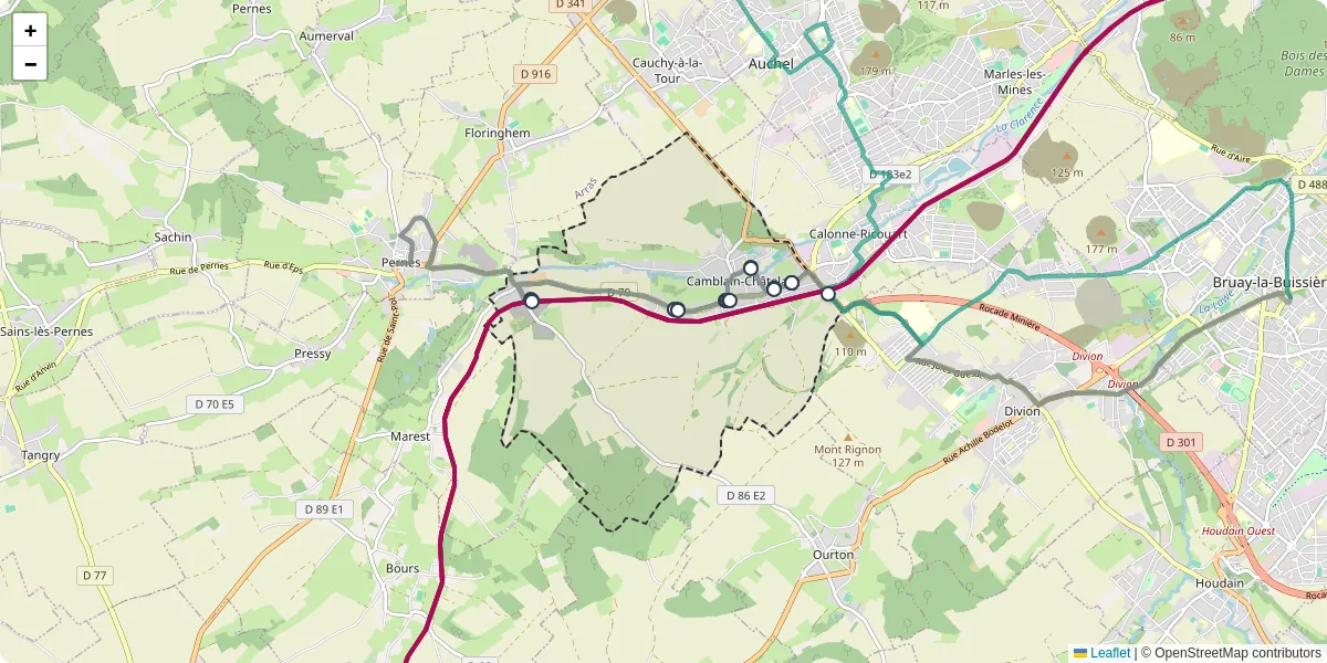 Carte du réseau de transport en commun à Camblain-Châtelain - lignes de bus et arrêts