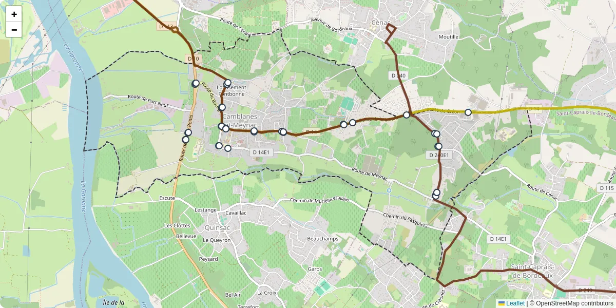 Carte du réseau de transport en commun à Camblanes-et-Meynac - lignes de bus et arrêts