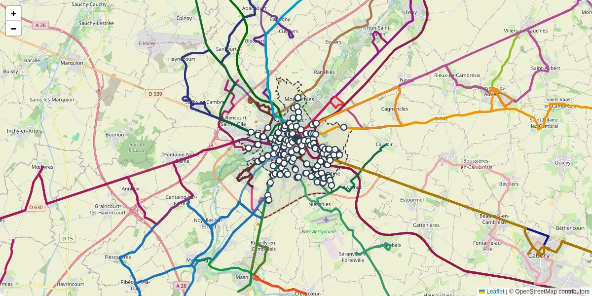 Carte du réseau de transport en commun à Cambrai - lignes de bus et arrêts