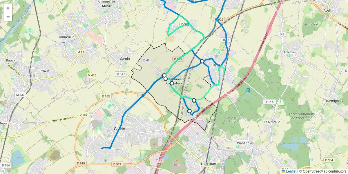 Carte du réseau de transport en commun à Camphin-en-Carembault - lignes de bus et arrêts