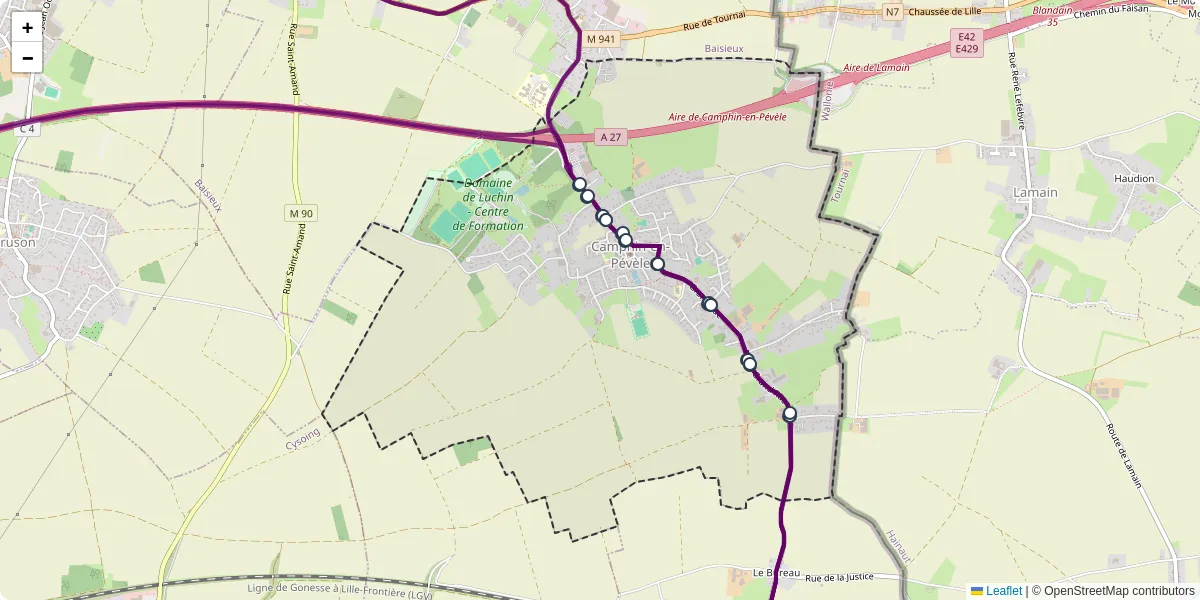 Carte du réseau de transport en commun à Camphin-en-Pévèle - lignes de bus et arrêts
