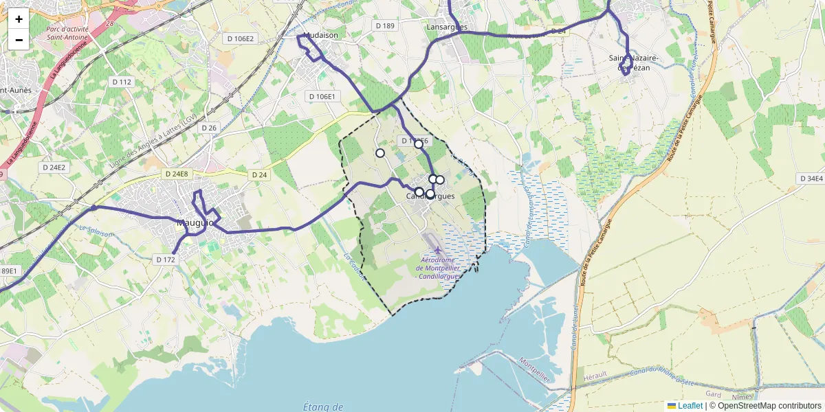 Carte du réseau de transport en commun à Candillargues - lignes de bus et arrêts