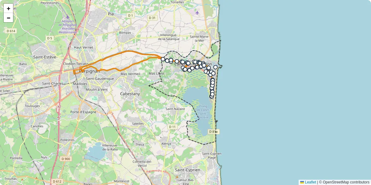 Carte du réseau de transport en commun à Canet-en-Roussillon - lignes de bus et arrêts