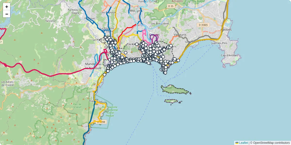 Carte du réseau de transport en commun à Cannes - lignes de bus et arrêts