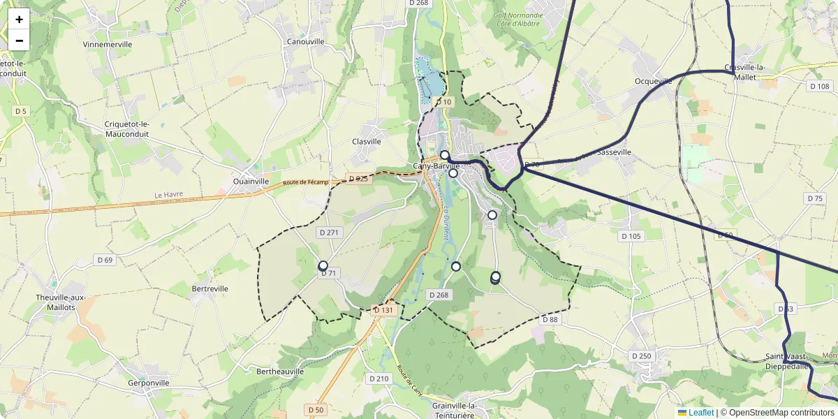 Carte du réseau de transport en commun à Cany-Barville - lignes de bus et arrêts