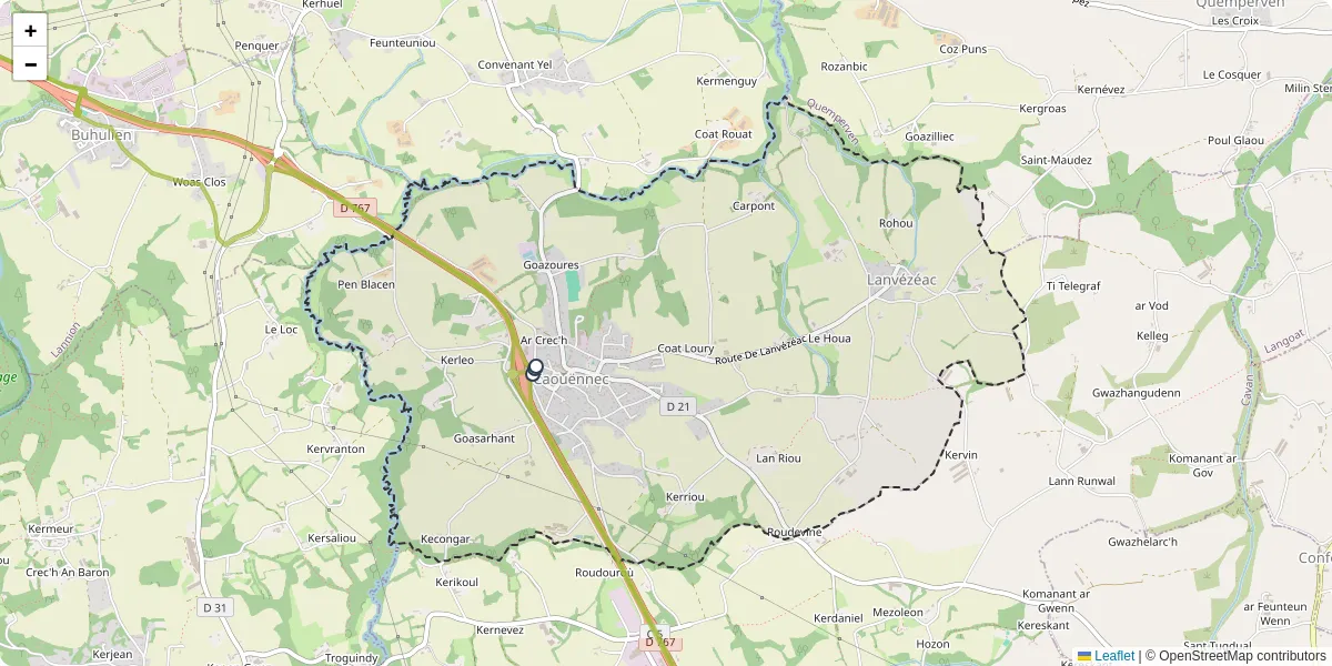 Carte du réseau de transport en commun à Caouënnec-Lanvézéac - lignes de bus et arrêts