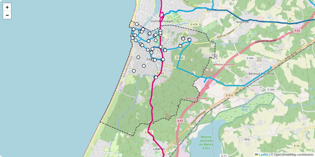 Carte du réseau de transport en commun à Capbreton - lignes de bus et arrêts