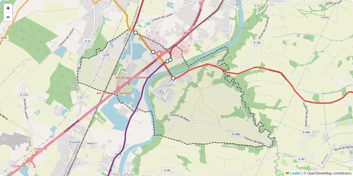 Carte du réseau de transport en commun à Capens - lignes de bus et arrêts