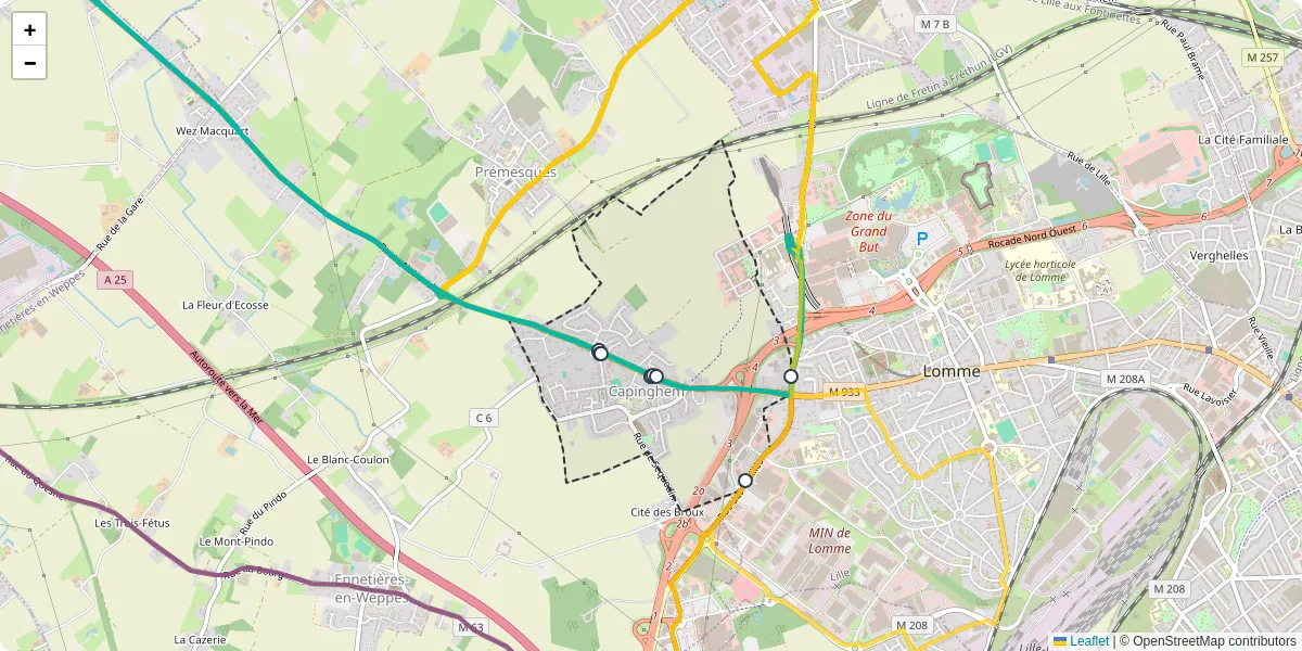 Carte du réseau de transport en commun à Capinghem - lignes de bus et arrêts