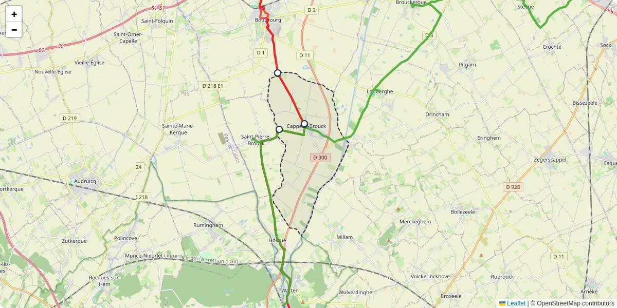 Carte du réseau de transport en commun à Cappelle-Brouck - lignes de bus et arrêts