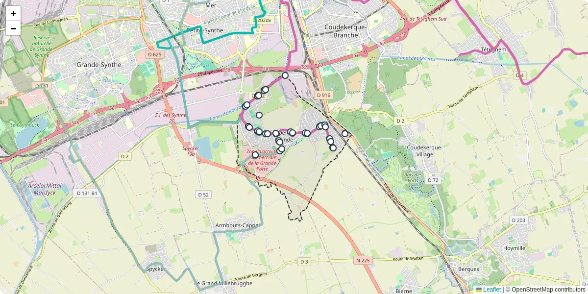 Carte du réseau de transport en commun à Cappelle-la-Grande - lignes de bus et arrêts