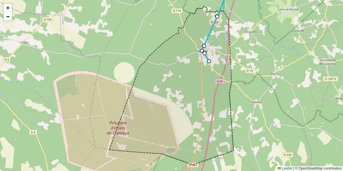 Carte du réseau de transport en commun à Captieux - lignes de bus et arrêts