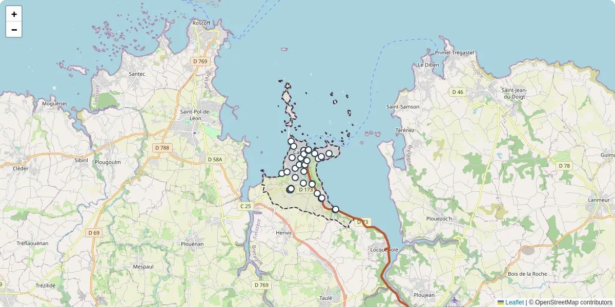 Carte du réseau de transport en commun à Carantec - lignes de bus et arrêts