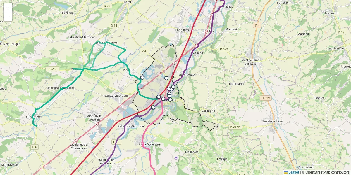 Carte du réseau de transport en commun à Carbonne - lignes de bus et arrêts