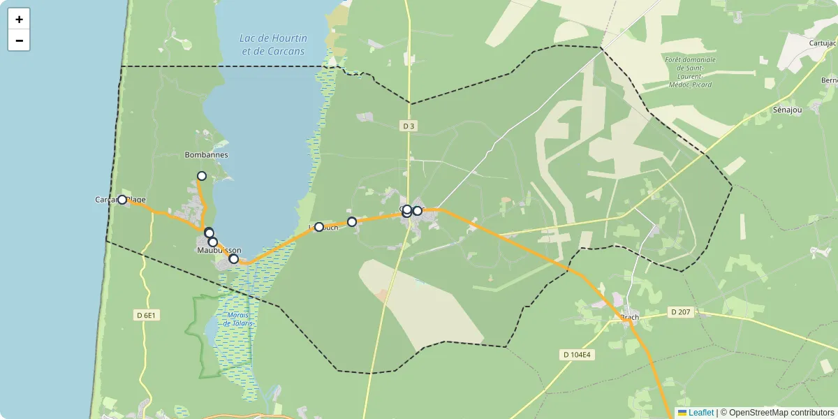 Carte du réseau de transport en commun à Carcans - lignes de bus et arrêts