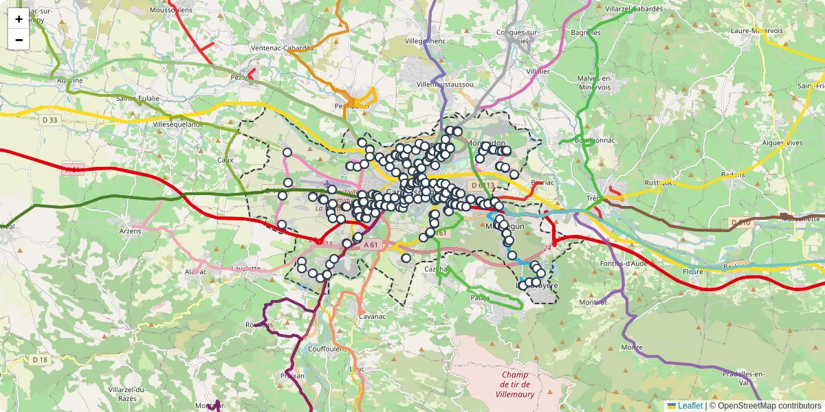 Carte du réseau de transport en commun à Carcassonne - lignes de bus et arrêts