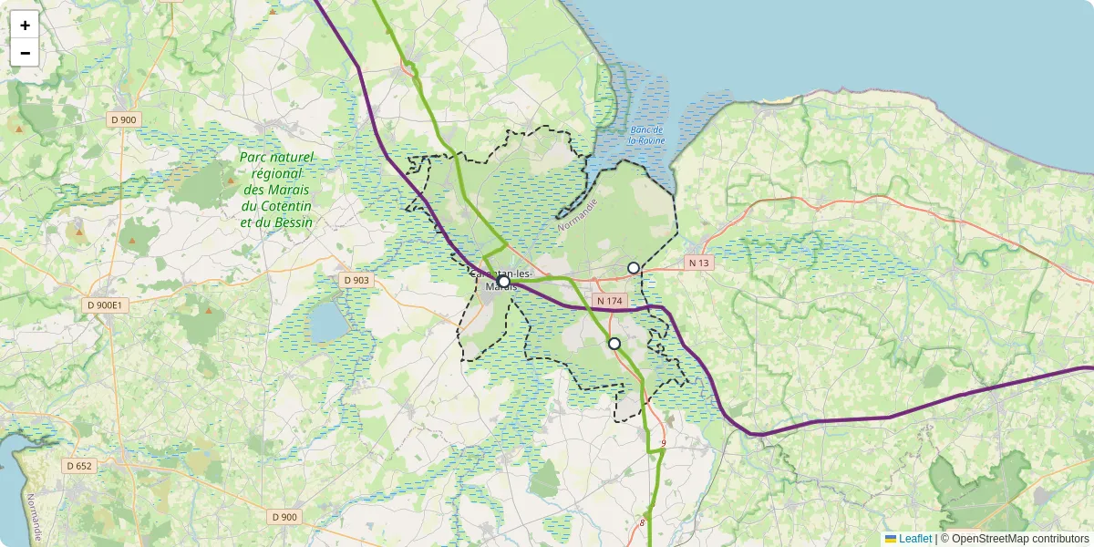 Carte du réseau de transport en commun à Carentan-les-Marais - lignes de bus et arrêts