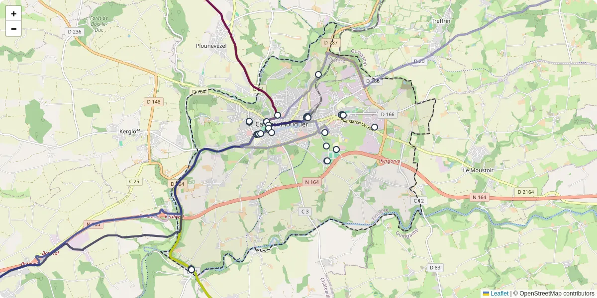 Carte du réseau de transport en commun à Carhaix-Plouguer - lignes de bus et arrêts