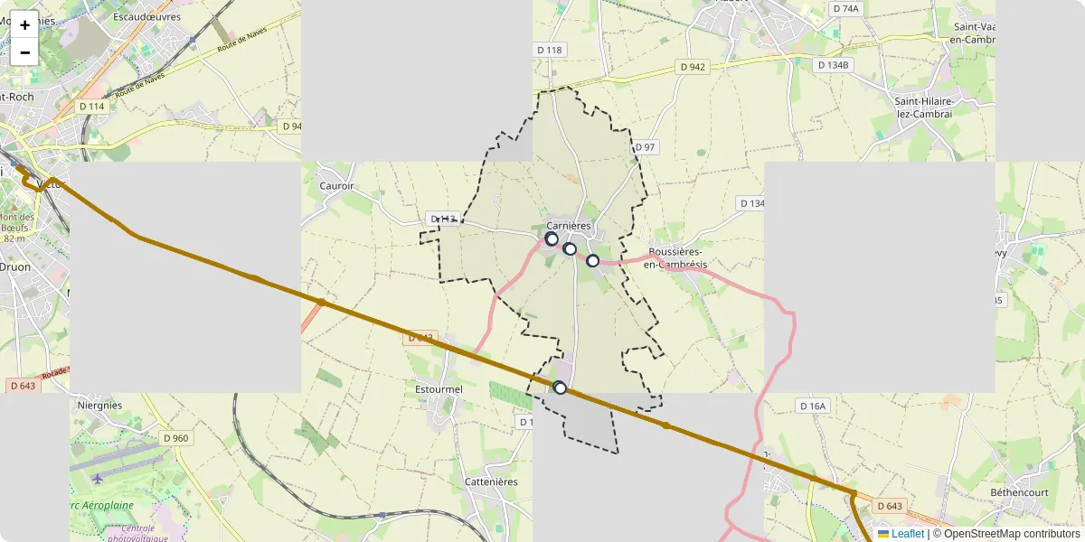 Carte du réseau de transport en commun à Carnières - lignes de bus et arrêts