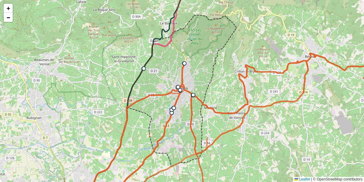 Carte du réseau de transport en commun à Caromb - lignes de bus et arrêts