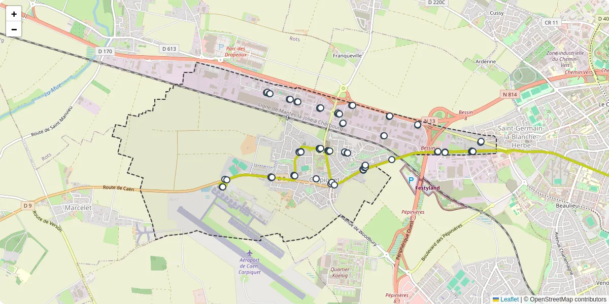 Carte du réseau de transport en commun à Carpiquet - lignes de bus et arrêts