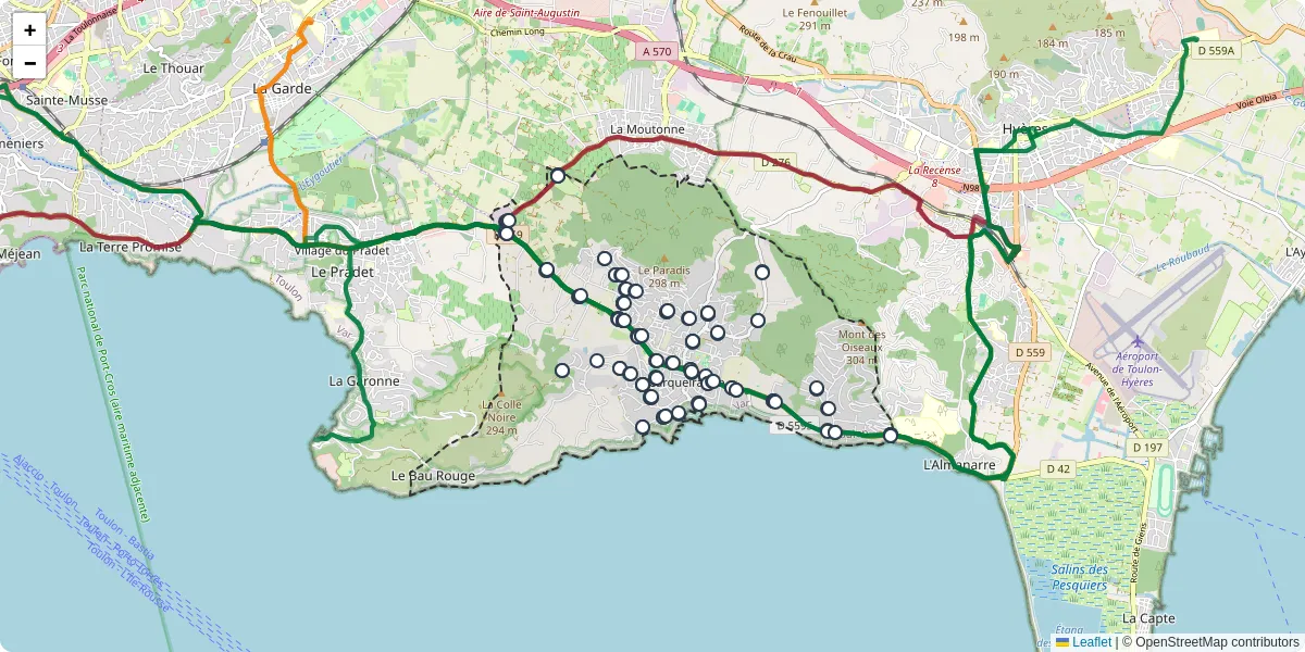 Carte du réseau de transport en commun à Carqueiranne - lignes de bus et arrêts