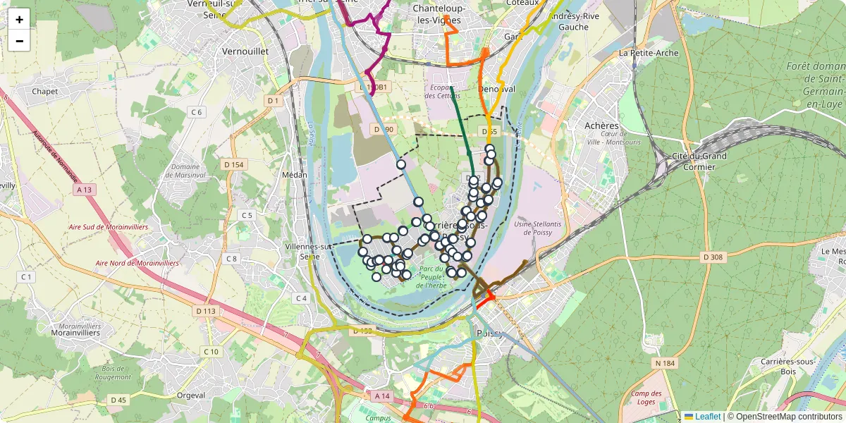 Carte du réseau de transport en commun à Carrières-sous-Poissy - lignes de bus et arrêts