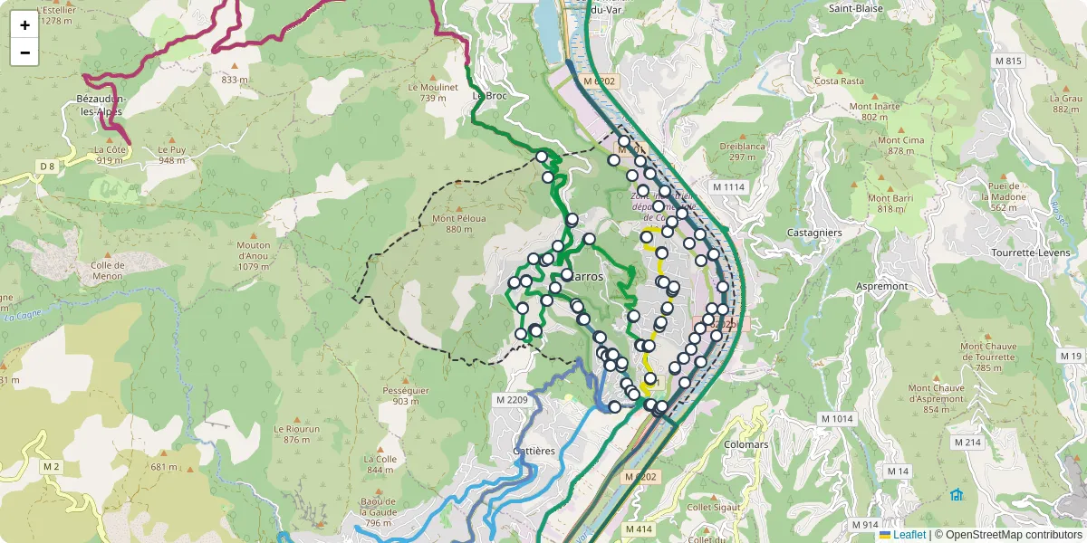 Carte du réseau de transport en commun à Carros - lignes de bus et arrêts