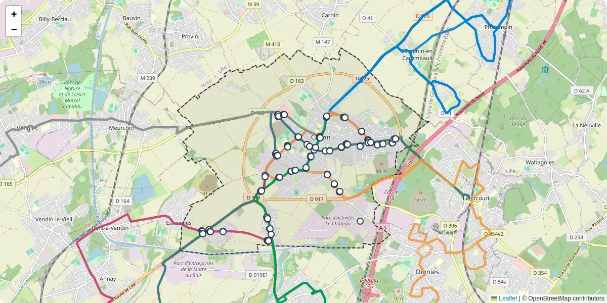Carte du réseau de transport en commun à Carvin - lignes de bus et arrêts