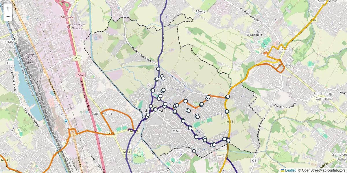 Carte du réseau de transport en commun à Castelginest - lignes de bus et arrêts