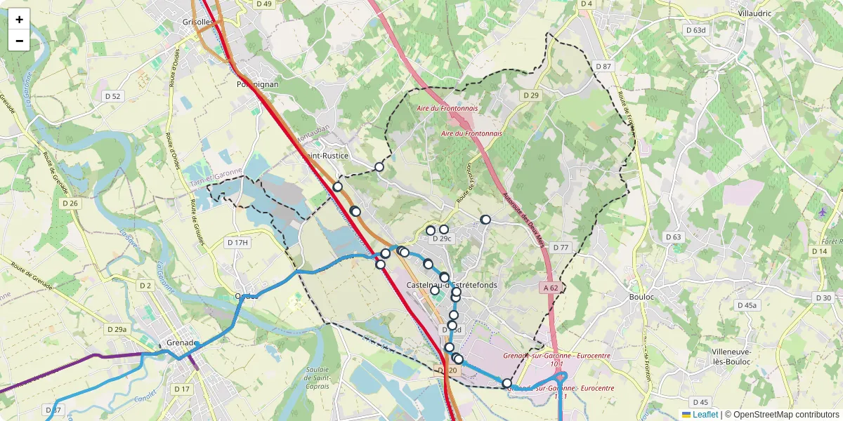 Carte du réseau de transport en commun à Castelnau-d'Estrétefonds - lignes de bus et arrêts