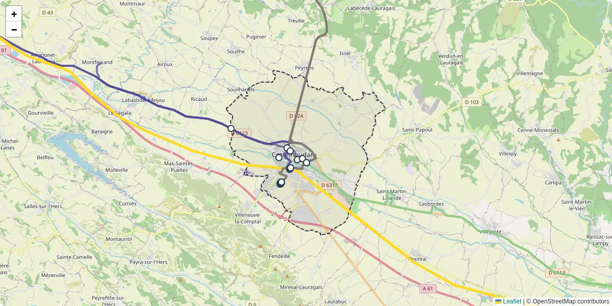 Carte du réseau de transport en commun à Castelnaudary - lignes de bus et arrêts
