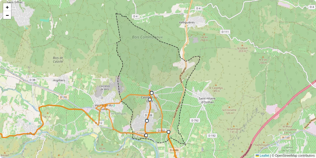 Carte du réseau de transport en commun à Castillon-du-Gard - lignes de bus et arrêts