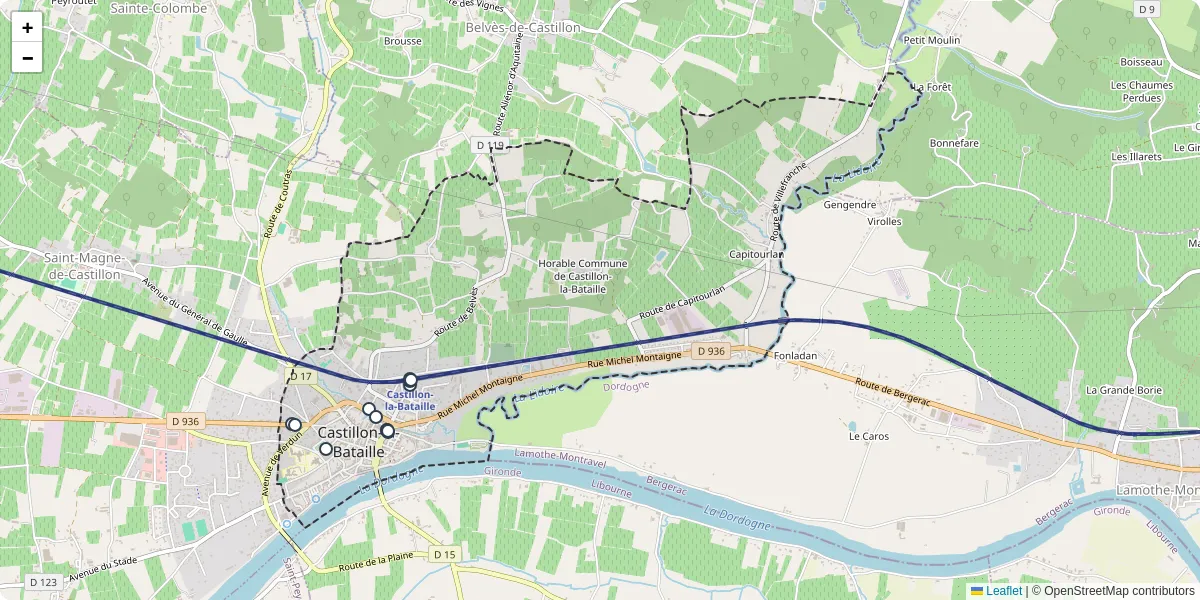 Carte du réseau de transport en commun à Castillon-la-Bataille - lignes de bus et arrêts