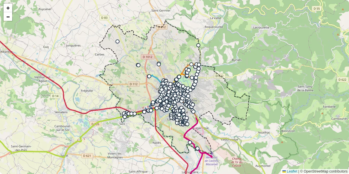 Carte du réseau de transport en commun à Castres - lignes de bus et arrêts