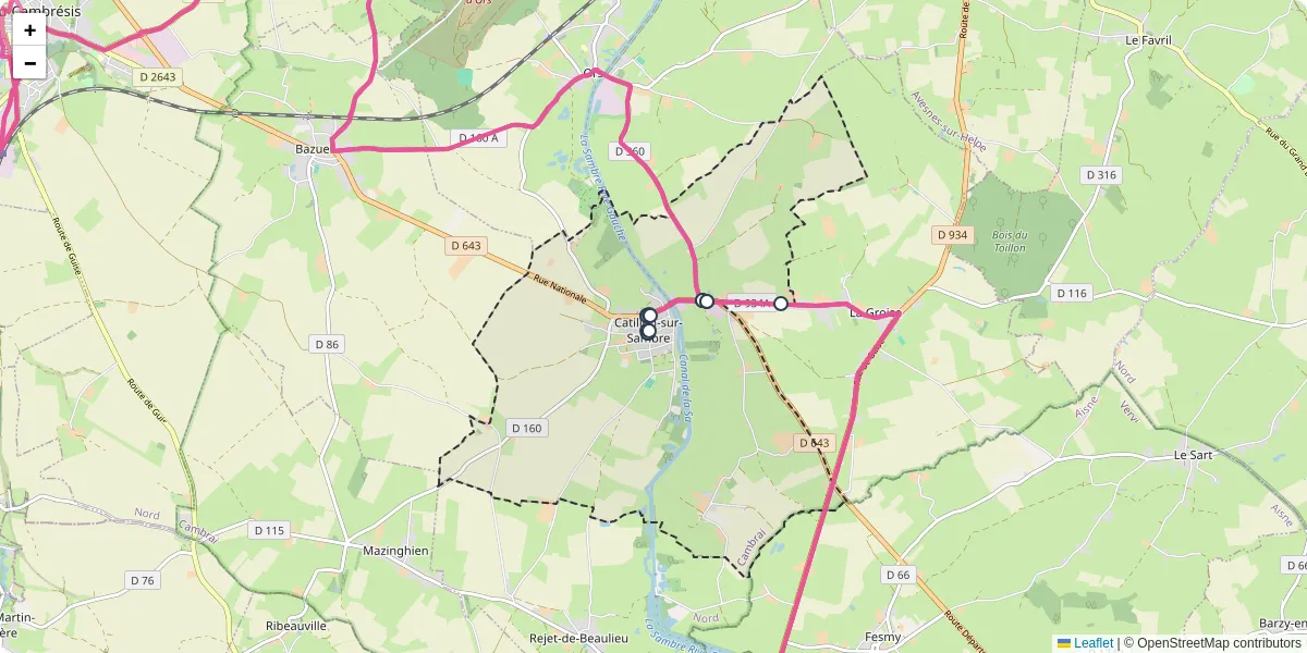 Carte du réseau de transport en commun à Catillon-sur-Sambre - lignes de bus et arrêts