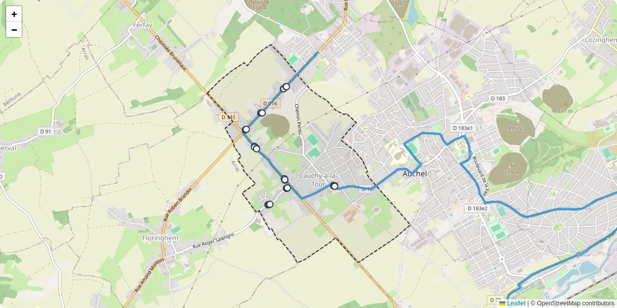 Carte du réseau de transport en commun à Cauchy-à-la-Tour - lignes de bus et arrêts