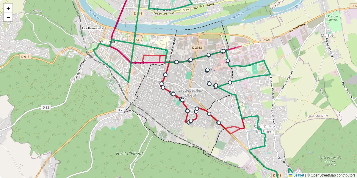Carte du réseau de transport en commun à Caudebec-lès-Elbeuf - lignes de bus et arrêts